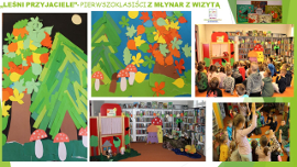 Kolaż fotografii z wizyty dzieci klas pierwszych SP w Młynarach, które przybyły na wizytę do biblioteki w Braniewie