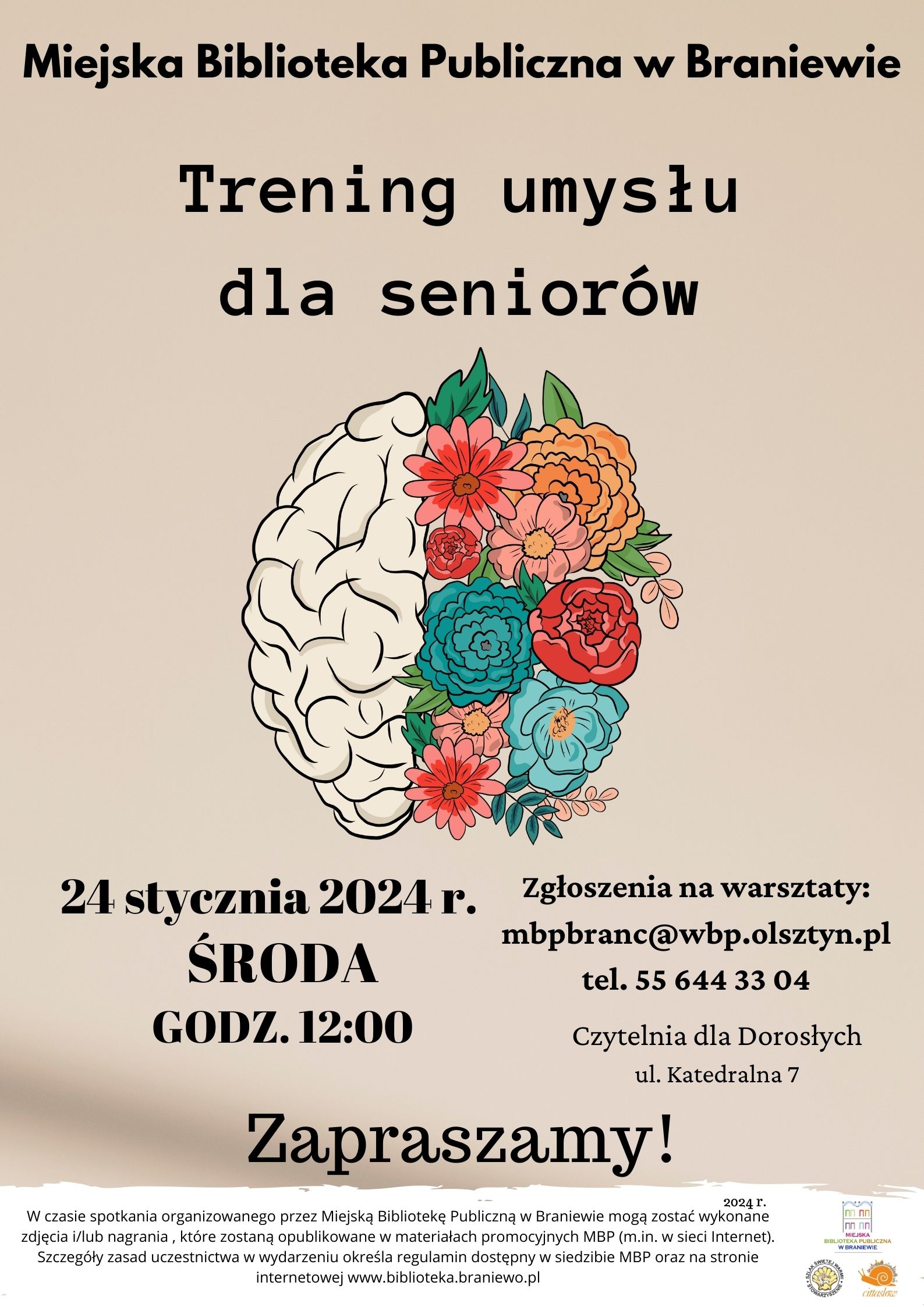 na plakacie tytuł spotkania rysunek mozgu z połową kwiatów miejsce oraz data warsztatów