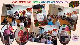 zdjęcie przedstawia uczniów klas pierwszych oraz lektrów czytających dzieciom w ramach ogólnopolskiego tygodnia głośnego czytania 