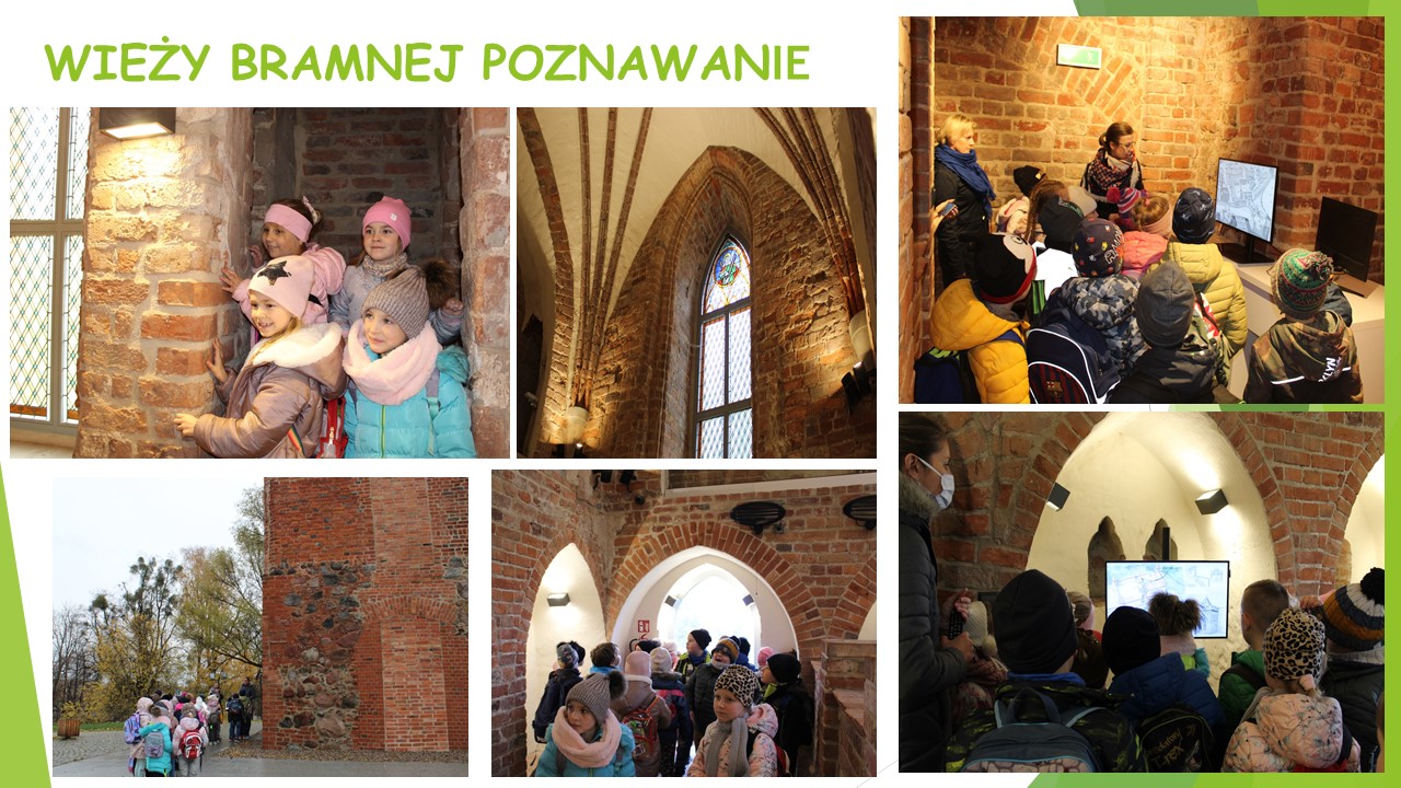 kolaż zdjęć przedstawiający zwiedzanie wieży bramnej zamku biskupiego przez dzieci z SP w Młynarach podczas wizyty w MBP w Branieiwe
