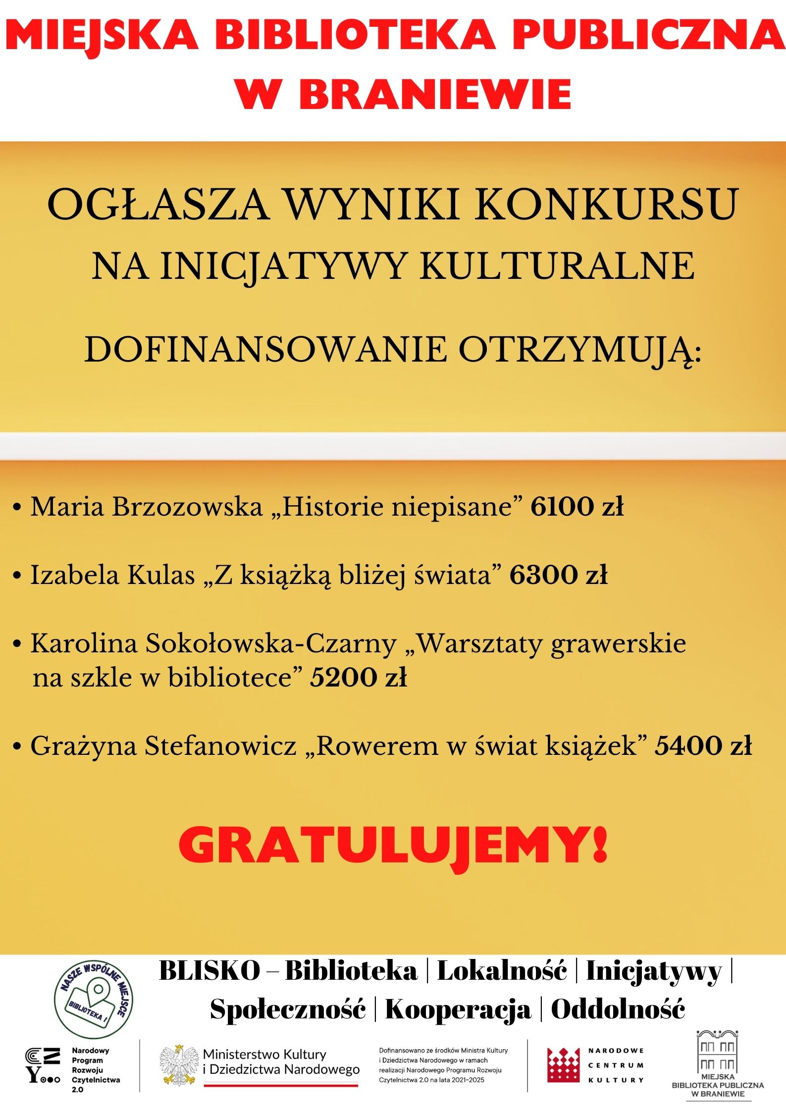 plakat z informacja o wynikach konkursu na incjatywy oddolne żółte tło loga ministerstwa 