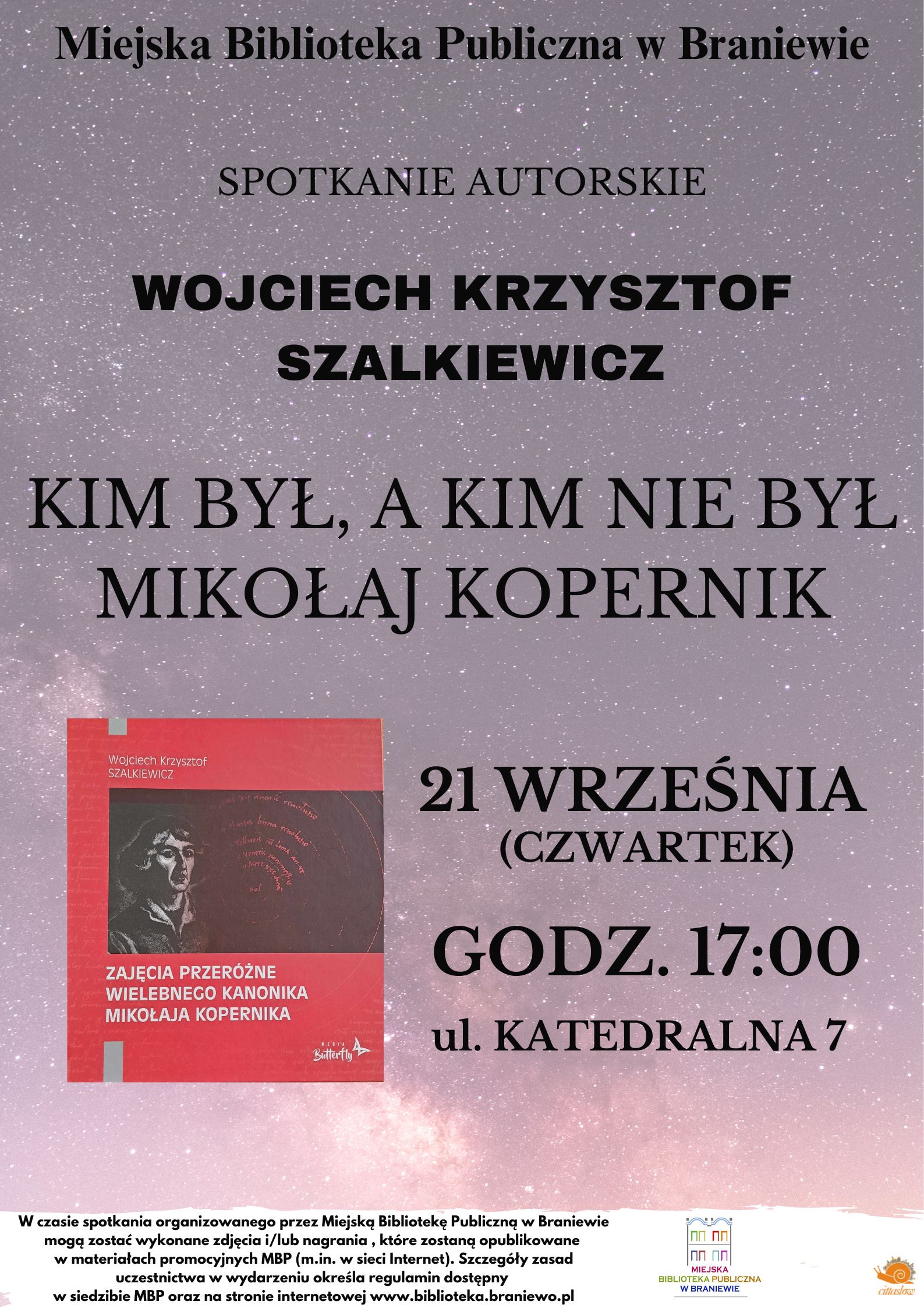 na plakacie gwieździste tło okladka ksiązki pana szalkiewicza oraz data i godzina informująca o spotkaniu