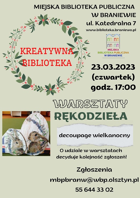 plakat informujący o zajęciach rękodzieła z cyklu Kreatywna Biblioteka, które odbędą się 23. marca 2023 o godz. 17