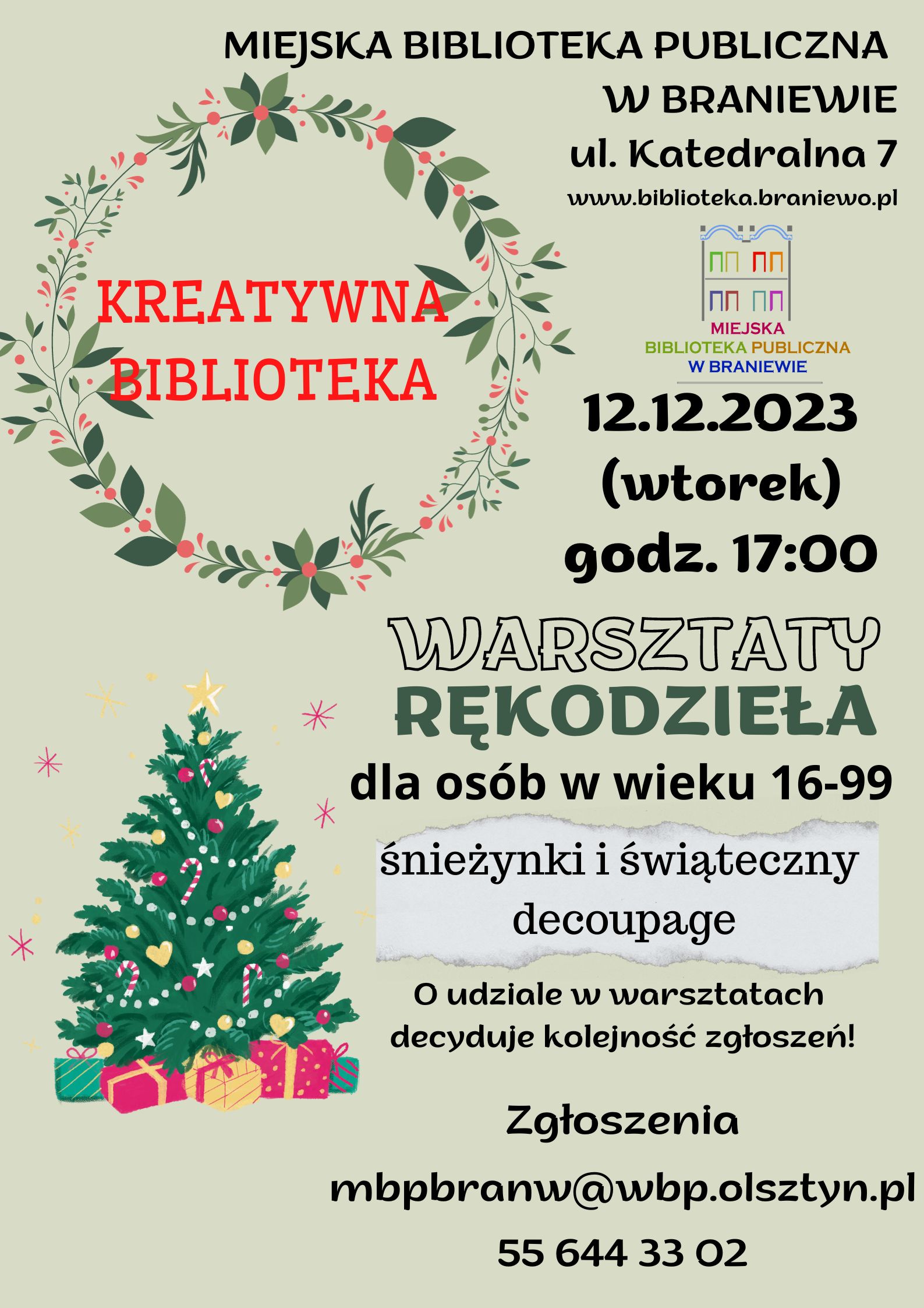 plakat informujący o świątecznych warsztatach dla dorosłych, które odbędą się 12 grudnia w Miejskiej Bibliotece Publicznej o godzinie 17
