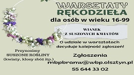 Plakat informujący o warsztatach rękodzieła, które odbędą się 19 września, dotyczące wianków z suszonych kwiatów
