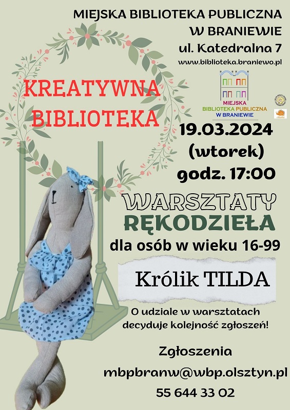 plakat z królikiem informujący o sptkaniu w kreatywnej bibliotece 19 marca 2024 o godz 17