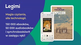 grafika przedstawia okładki dwóch książek, Empuzjon Olgi Tokarczuk i Szósta Klepka Małgorzaty Musierowicz dostępnych w aplikacji Legimi