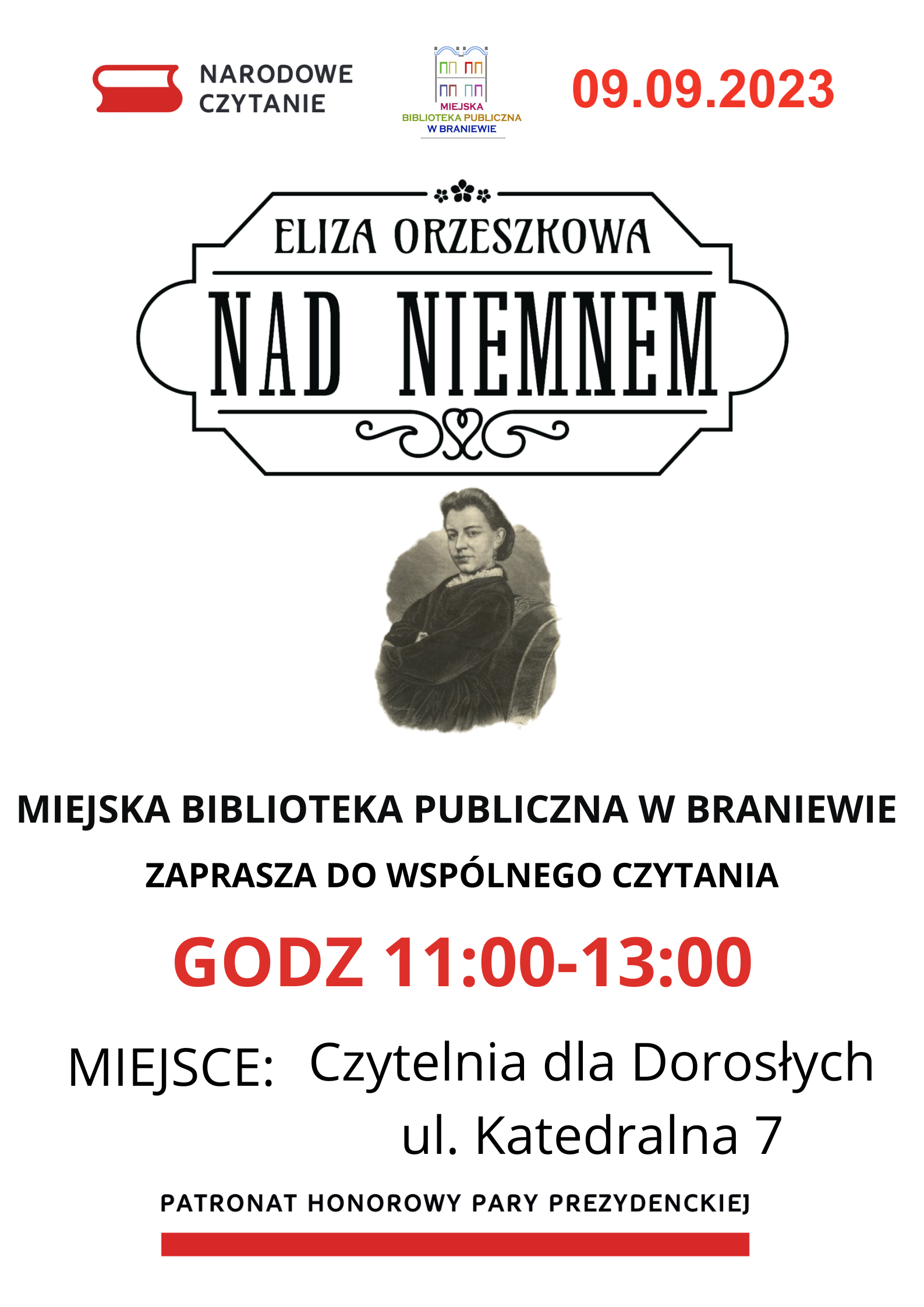 plakat zapraszający na ogólnopolska akcje narodwe czytanie zdjęcie elizy Orzeszkowej data godzina loga