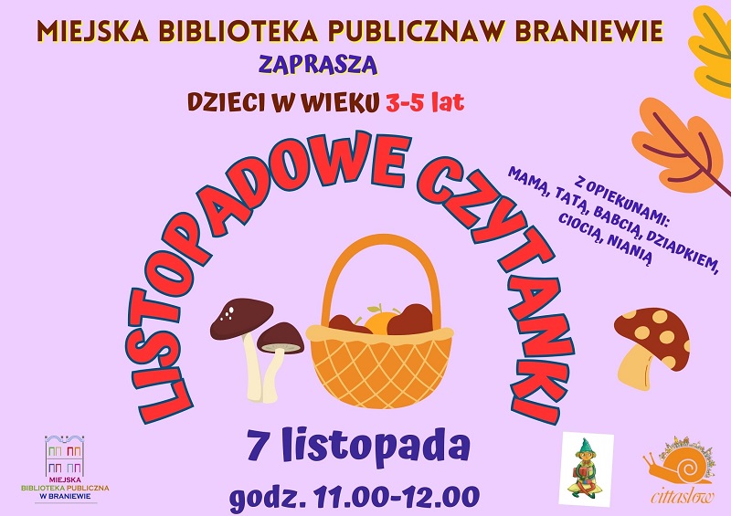 plakat informujący o spotkaniu dla dzieci w wieku 3-5 lat i ich opiekunów, które odbędzie się 7 listopada w Oddziale dla Dzieci
