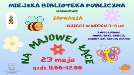plakat informujący o spotkaniu dla dzieci w wieku 3-5 lat i ich opiekunów, które odbędzie się 23 maja o godz. 11 w oddziale dla dzieci
