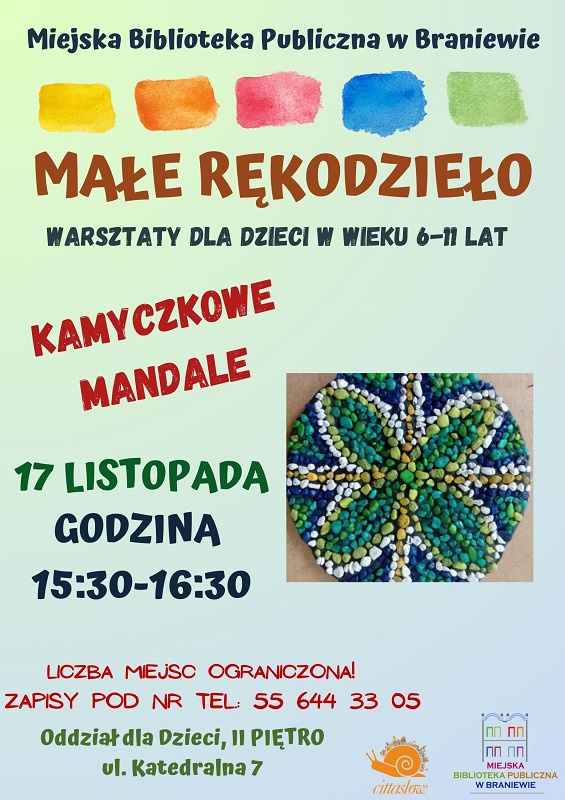 zdjęcie przedstawia mandale, plakat jest zaproszeniem na zajęcia dla dzieci w wieku 6-11 lat do oddziału dla dzieci, 17 listopada o godzinie 15:30