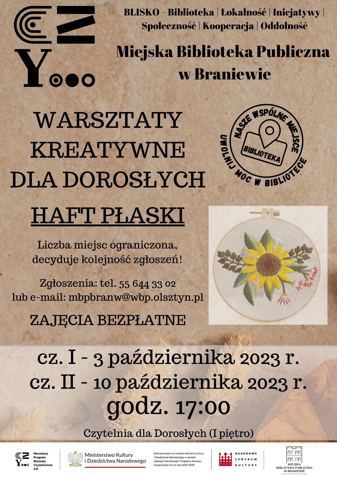 plakat zapraszajacy na warstaty kreatywne 3 pazdziernika, zdjecie haftu płaskiego wyszyte kwiaty