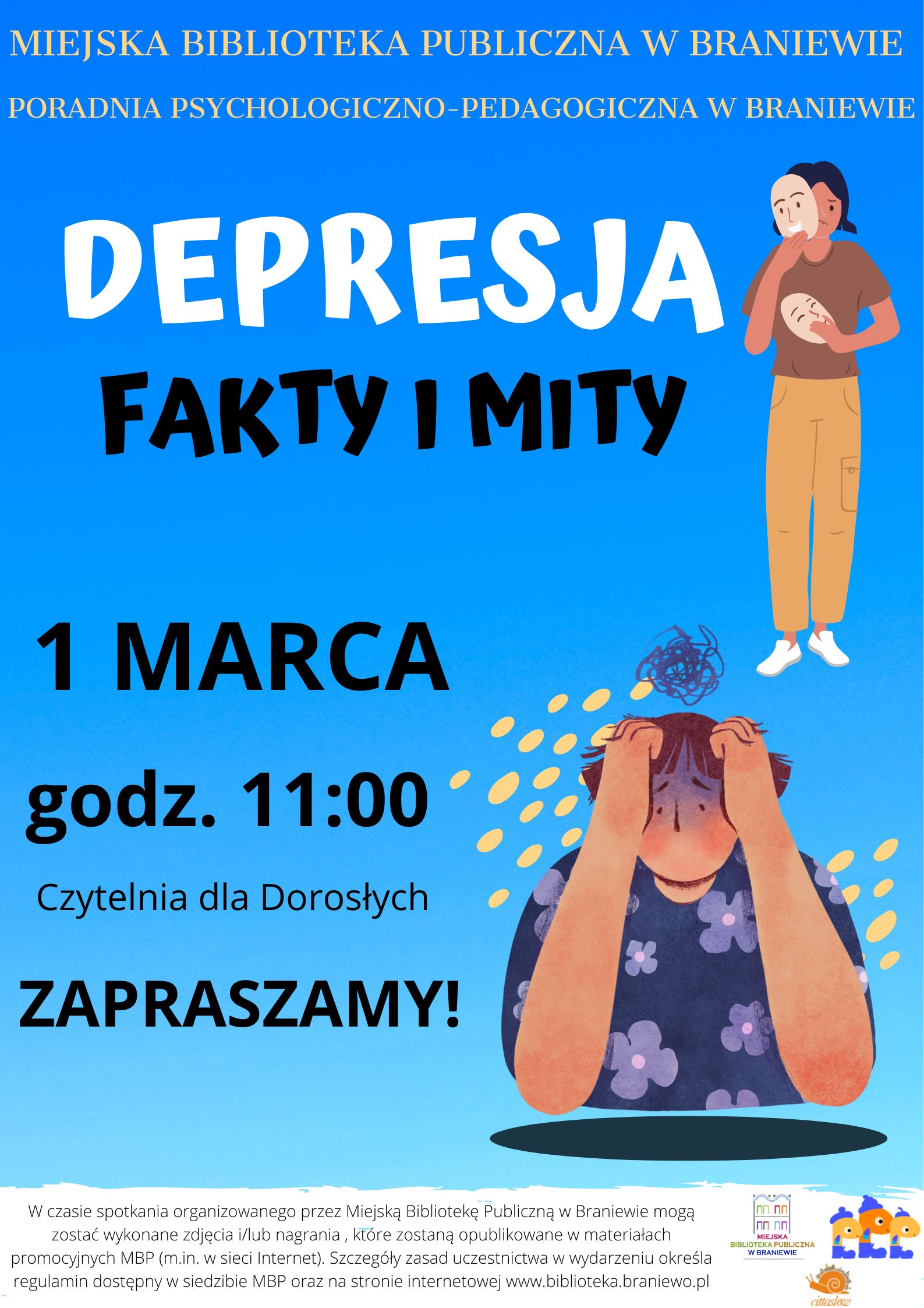 plakat informujacy o spotkaniu 1 marca o godzinie 11 dotyczacy depresji